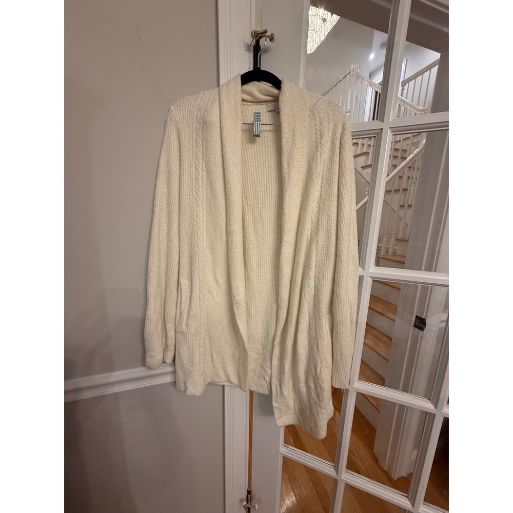 Barefoot Dreams CozyChic Ribbed Open Front Cardigan Cream Shawl Collar Medium